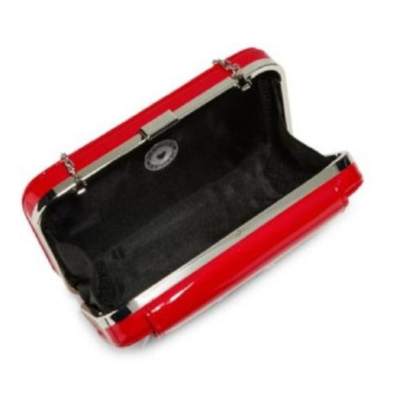 NWT, AMAZING, Moschino, true red patent leather, retro, hard box satchel style, shoulder bag with a chain strap, an exterior pocket, heart accents, and chrome hardware