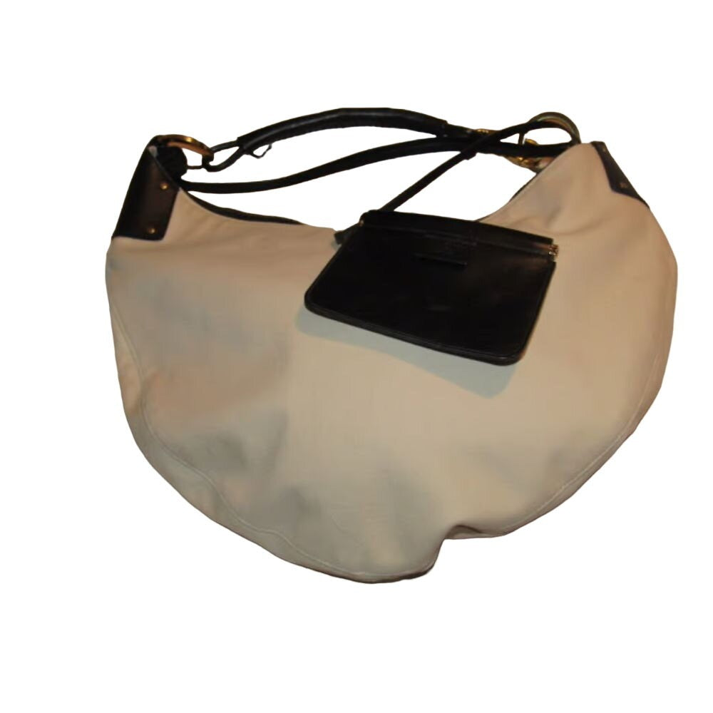 Gucci white & black leather XL hobo w a black braided strap