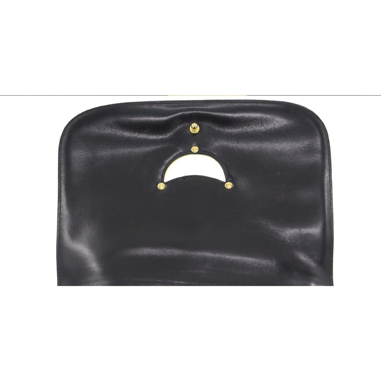 Vintage, navy leather, Gucci shoulder bag with XL gold & tan leather horsebit accent with cut-out & 'GUCCI' engraved on top