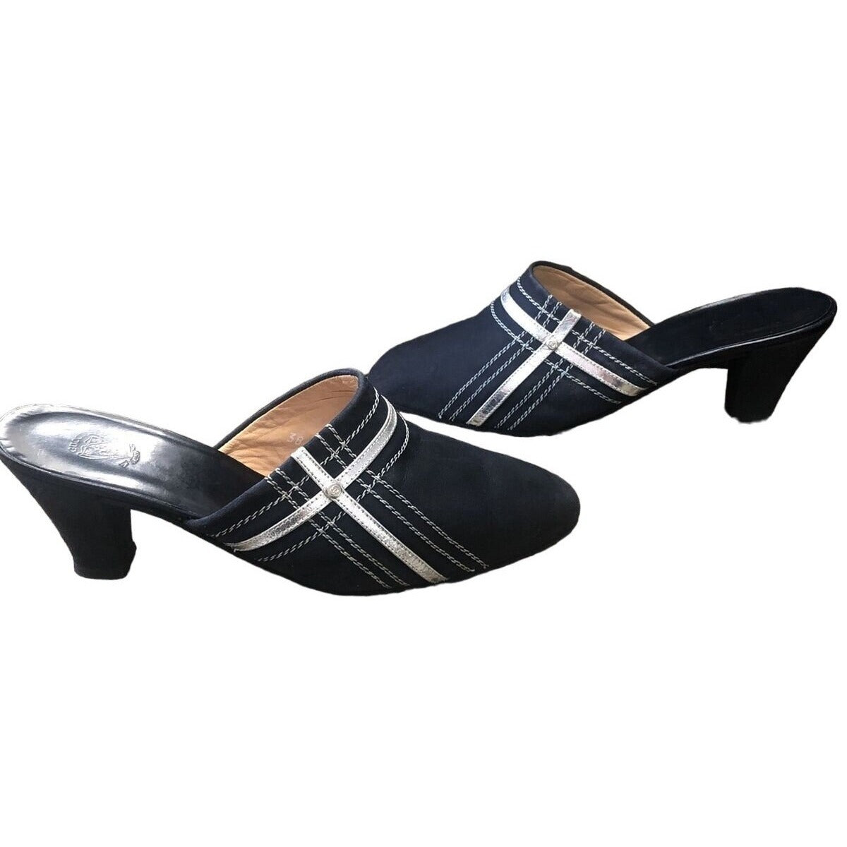 Gucci 1970s- 80s black silk over leather metallic shoes