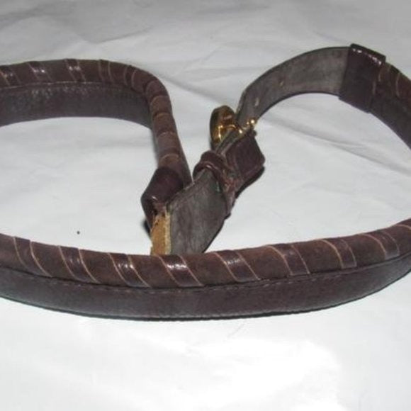 Early, vintage, Gucci, brown whip-stitched, leather belt with a round, gold & enamel buckle