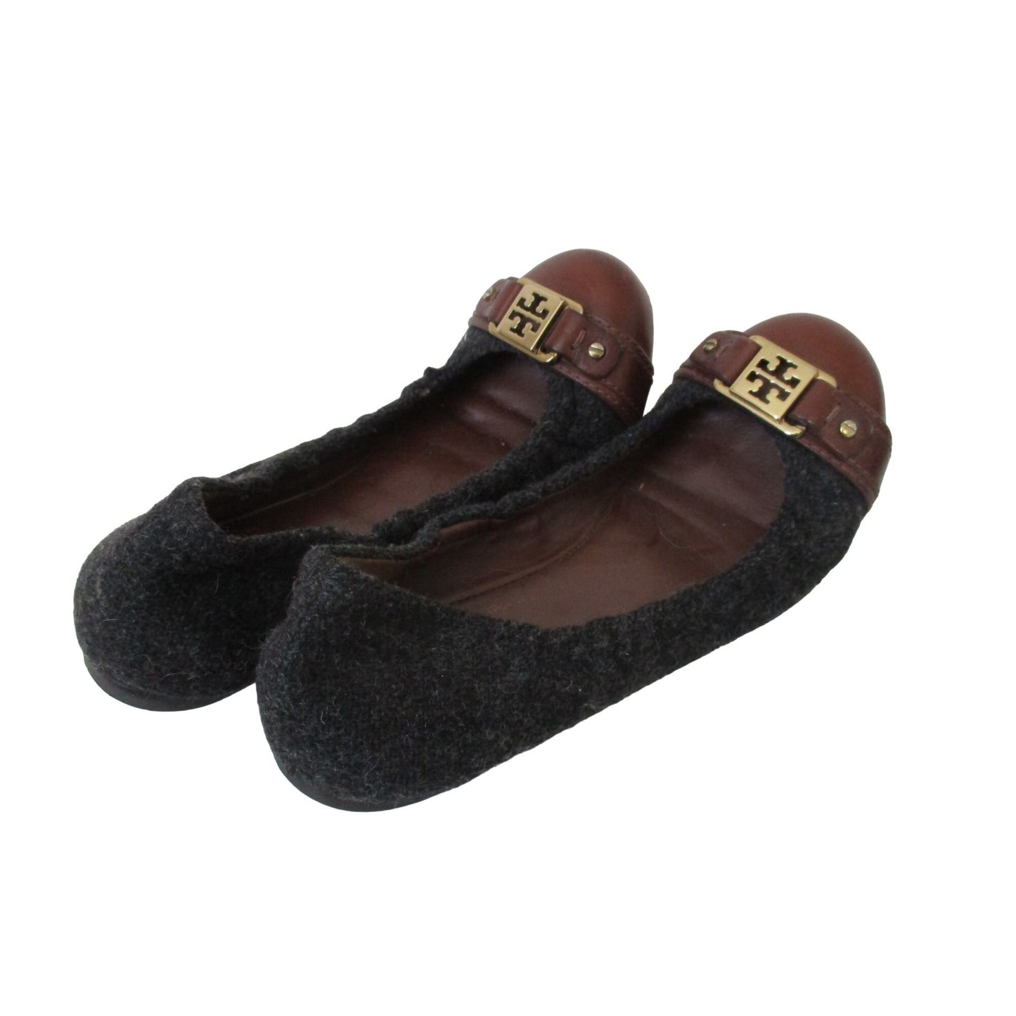 Tory Burch color block brown leather & grey wool size 8 rounded toe flats