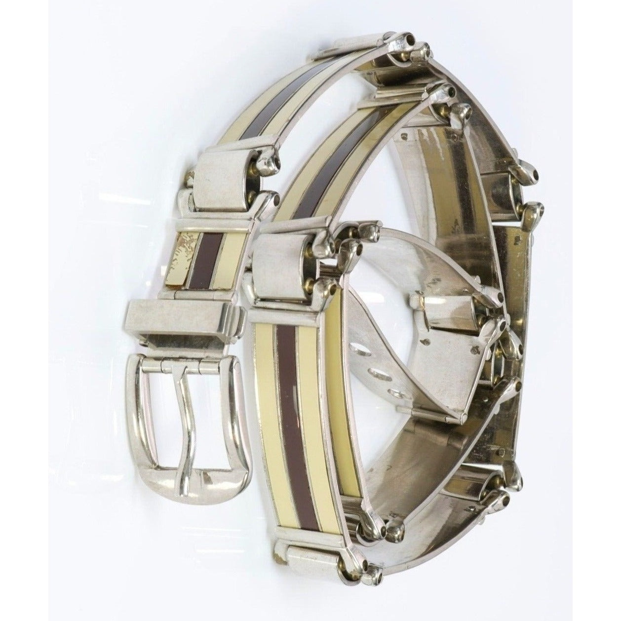 Gucci Sylvie chrome w ivory & red enamel stripes skinny belt