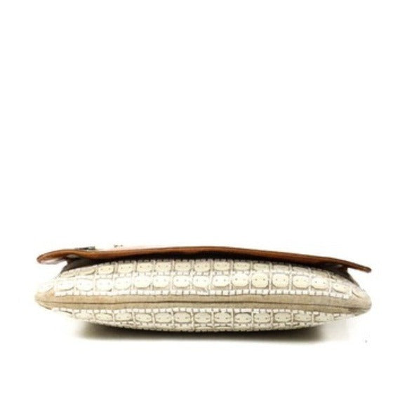 Tory Burch Iridescent Ivory Beaded Canvas Leather Clutch