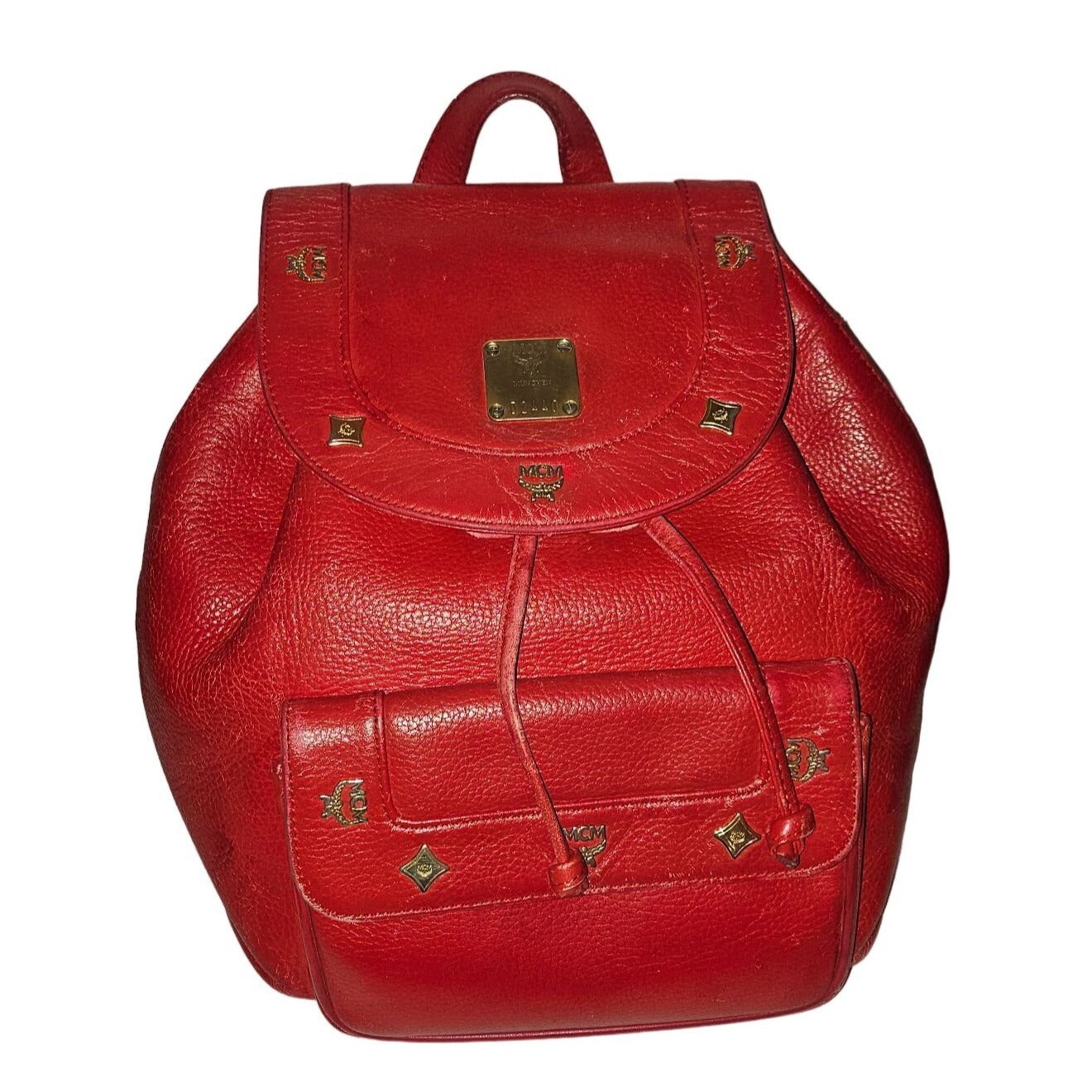 MCM vintage red leather backpack with gold hardware