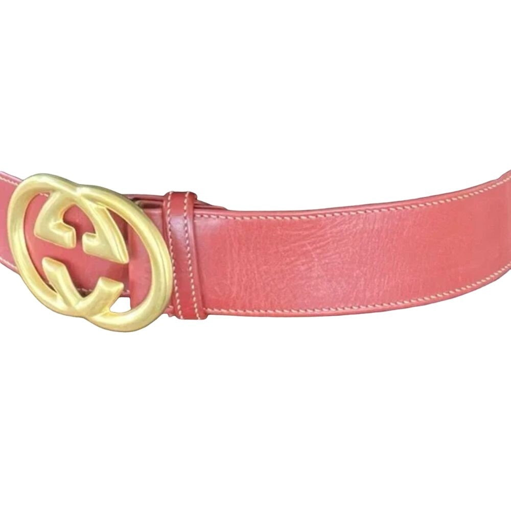 Gucci red leather belt w Gucci Interlocking GG logo buckle