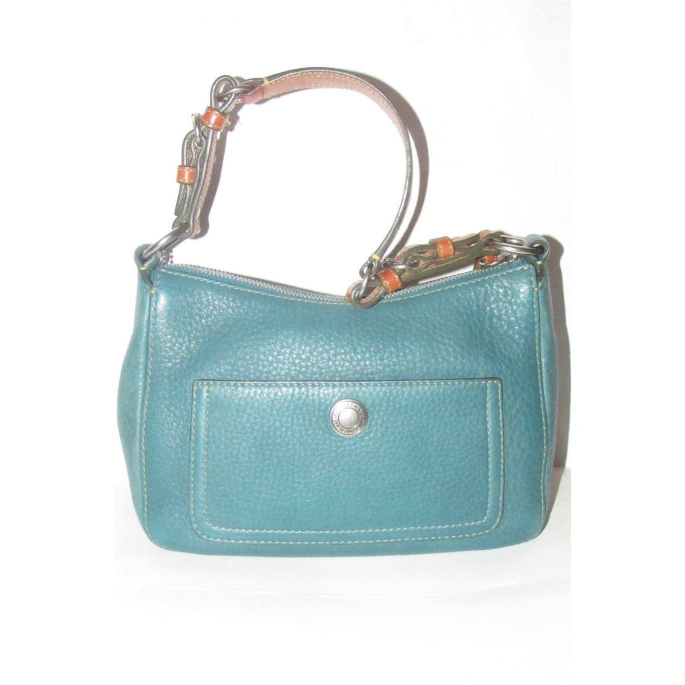 Coach, 'Chelsea' hobo, in a teal soft leather, hobo style purse with a brown, strap with unique chrome buckles