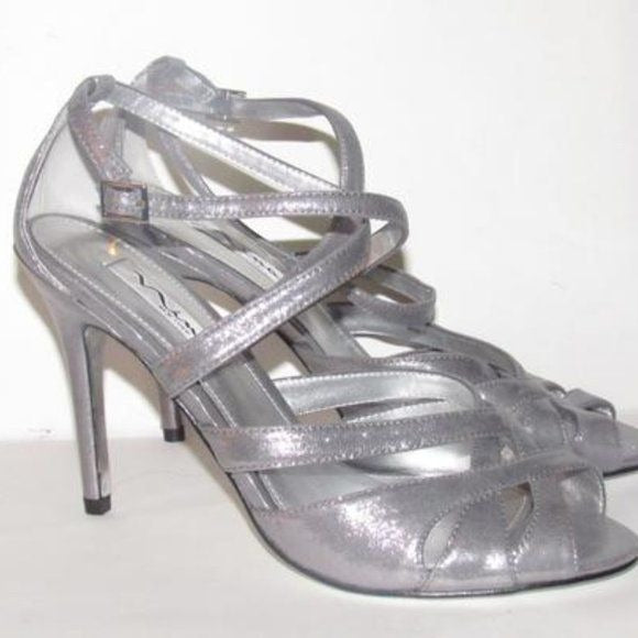 Nina Sparkly Silver Strappy Sandals Stiletto NWOB