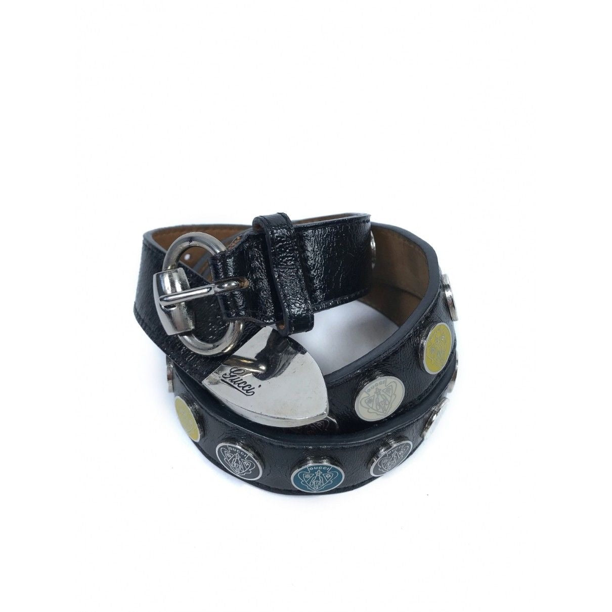 RARE, Gucci, black leather belt with a round, chrome, buckle, yellow, black, white & teal enamel & chrome engraved w the Gucci crest