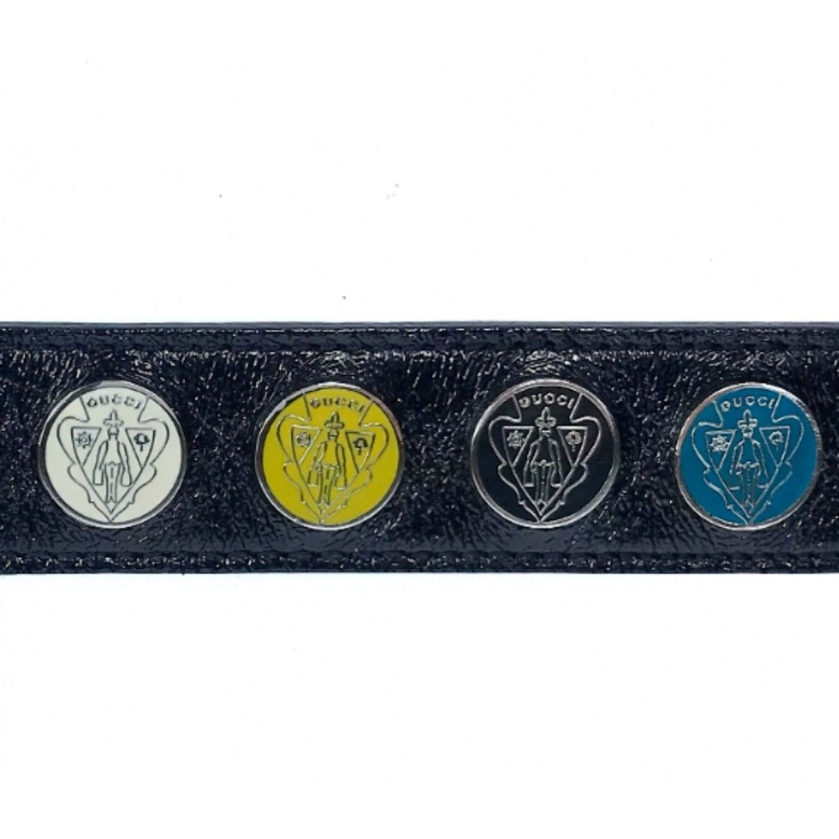 RARE, Gucci, black leather belt with a round, chrome, buckle, yellow, black, white & teal enamel & chrome engraved w the Gucci crest