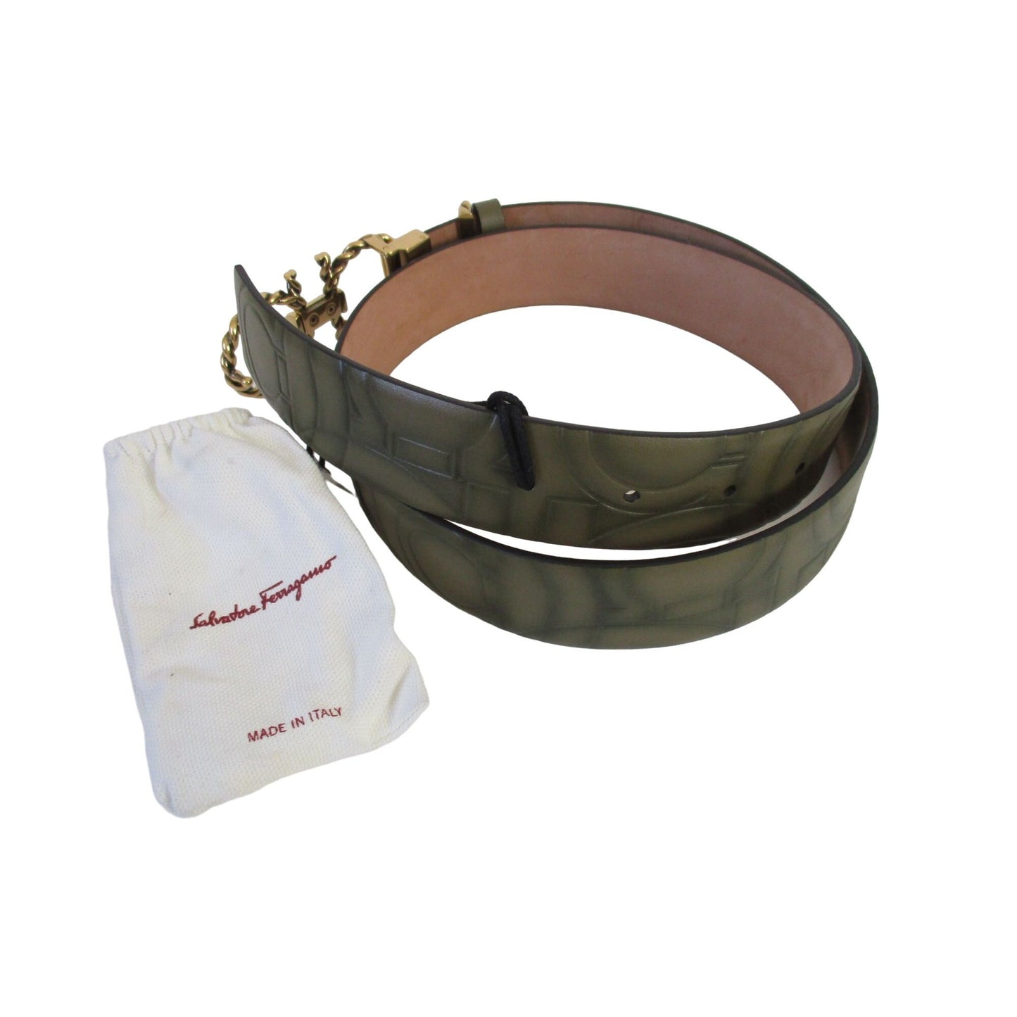 NWT Ferragamo Double Gancini Logo Green Leather Belt