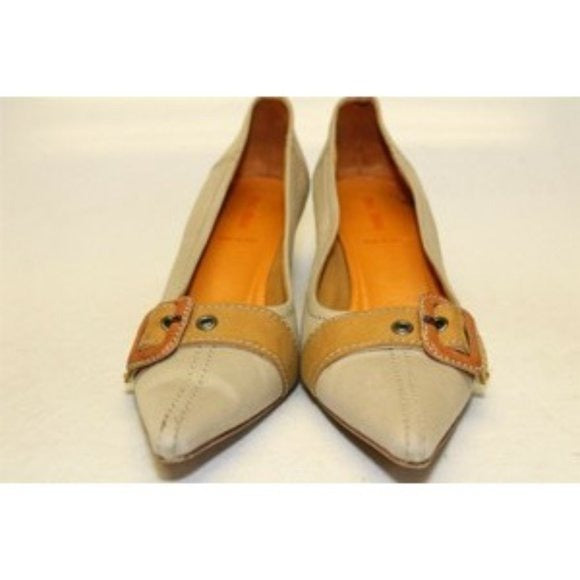 Miu Miu, size EU 39.5/9.5B US, khaki canvas and orange leather, squared, pointy toe, heels with 2" kitten heels, square, orange leather and chrome buckles, wood look heels, and chrome hardware