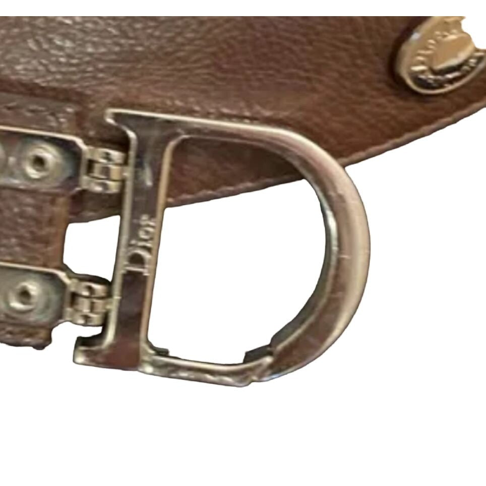 Christian Dior, brown textured leather belt and bold, gold tone metal, open 'D' logo buckle
