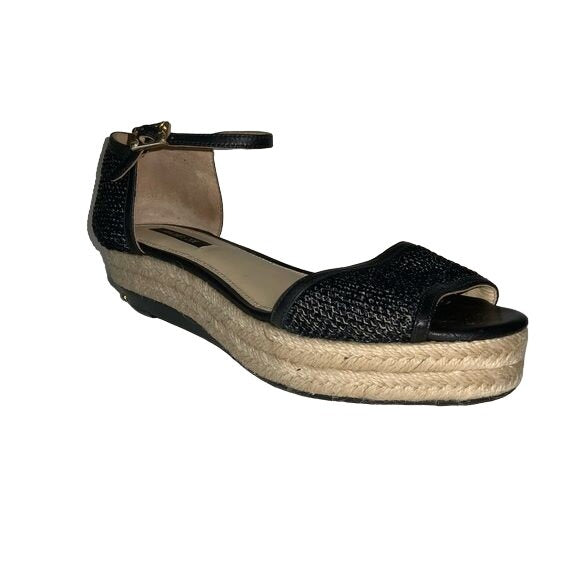 Rachel Zoe Black Raffia Ankle Strap Sandals Espadrille Wedge Soles