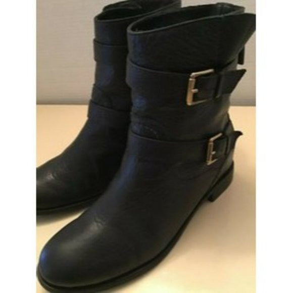 Kate Spade 'Sabina', size 8, black leather biker style ankle boots with pull on closure