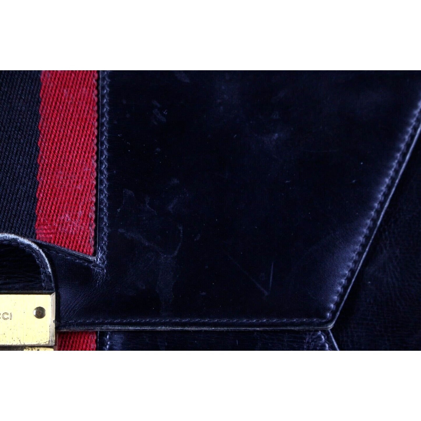 Vintage, Gucci, midnight blue leather, clutch, portfolio, or tablet holder with a wide, red and navy Sherry stripe