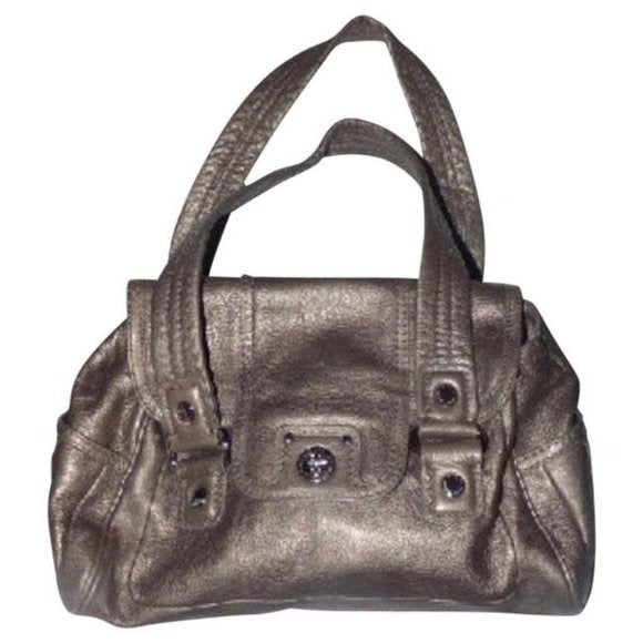 Vintage, Marc Jacobs, metallic pewter leather, two handle, satchel with bold chrome accents and lots of compartments