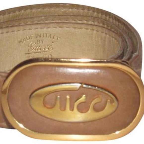 Gucci Vintage Brown Belt w Oval Cursive Logo Buckle