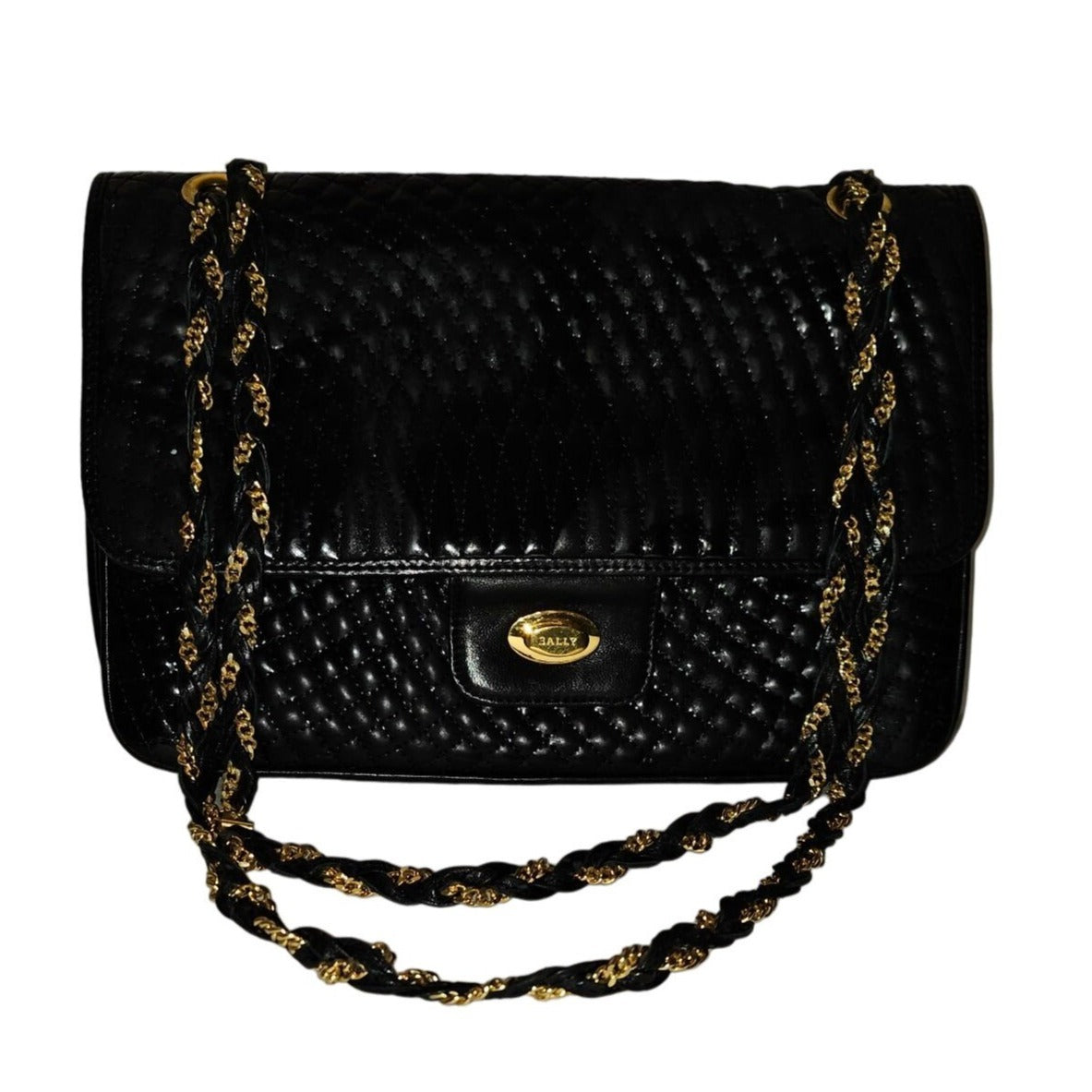 Bally black quilted leather large shoulder bag w chain strap