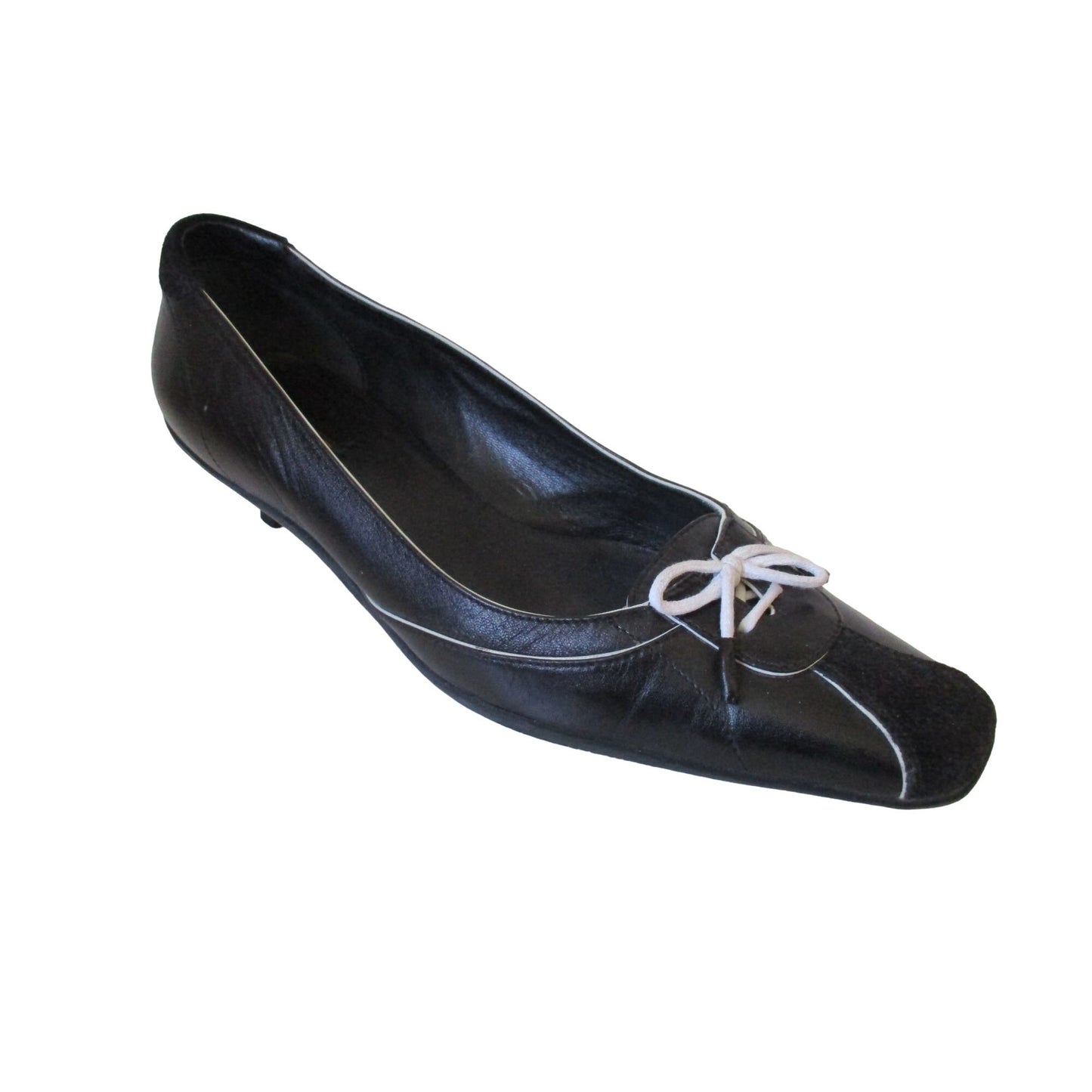 Prada Sport black leather 37.5 kitten heels with suede accents and white bows and white tonal stitching