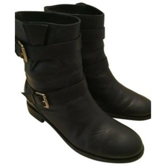 Kate Spade 'Sabina', size 8, black leather biker style ankle boots with pull on closure