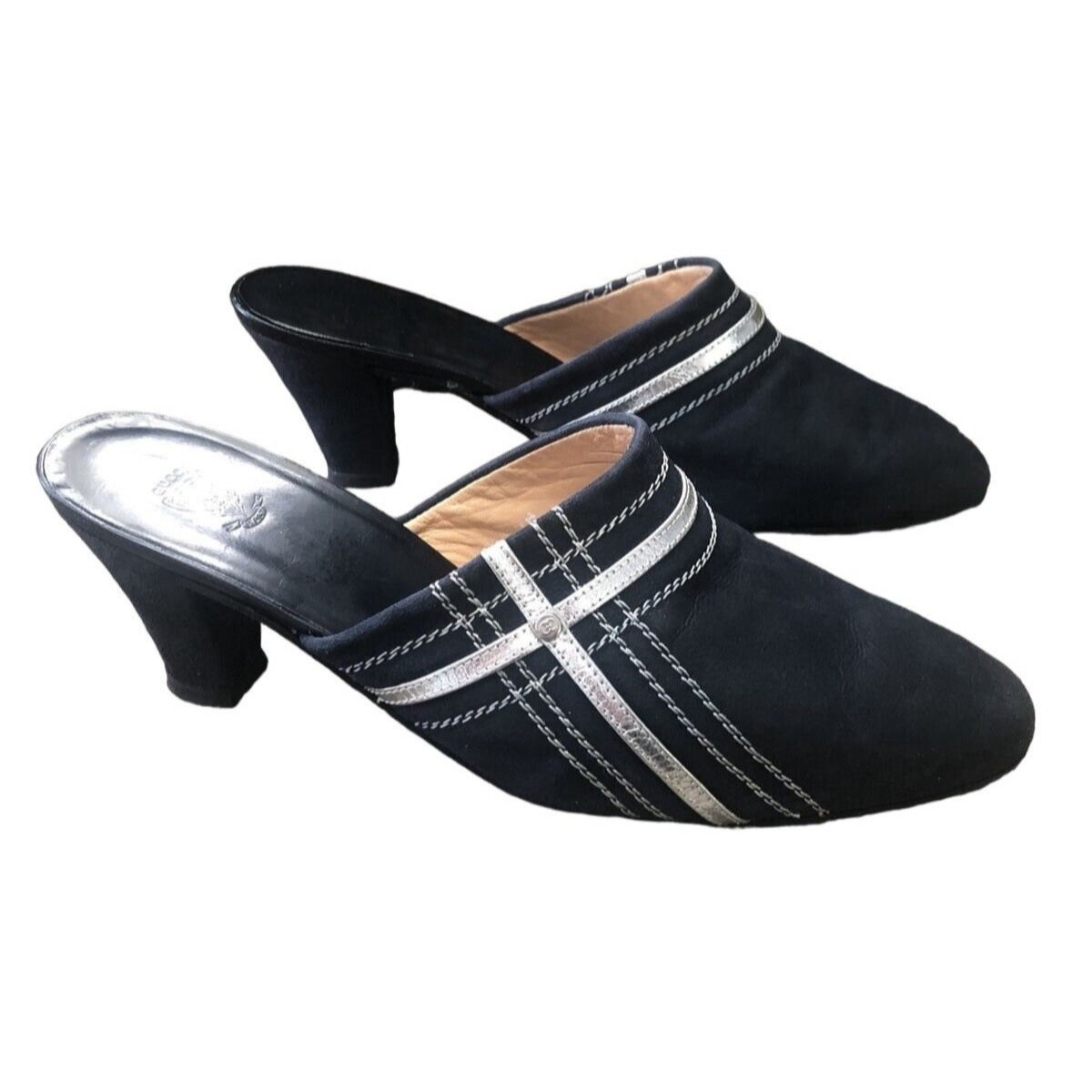 Gucci 1970s- 80s black silk over leather metallic shoes