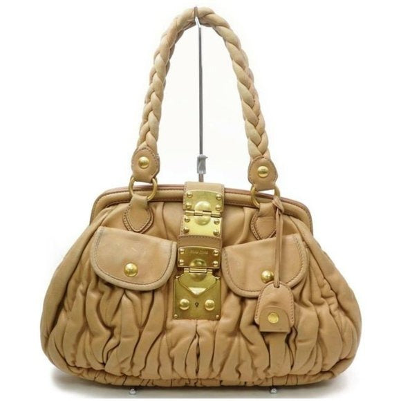 Miu Miu Tan Pleated Matelasse Leather Top Handle Satchel With Locking Clasp & Key