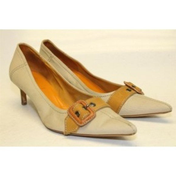 Miu Miu, size EU 39.5/9.5B US, khaki canvas and orange leather, squared, pointy toe, heels with 2" kitten heels, square, orange leather and chrome buckles, wood look heels, and chrome hardware
