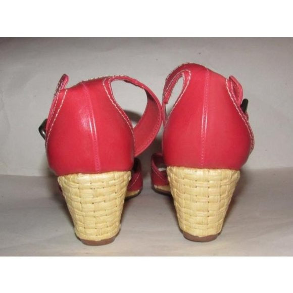 Etienne Aigner Salmon Pink Wedge Sandals with White Stitching