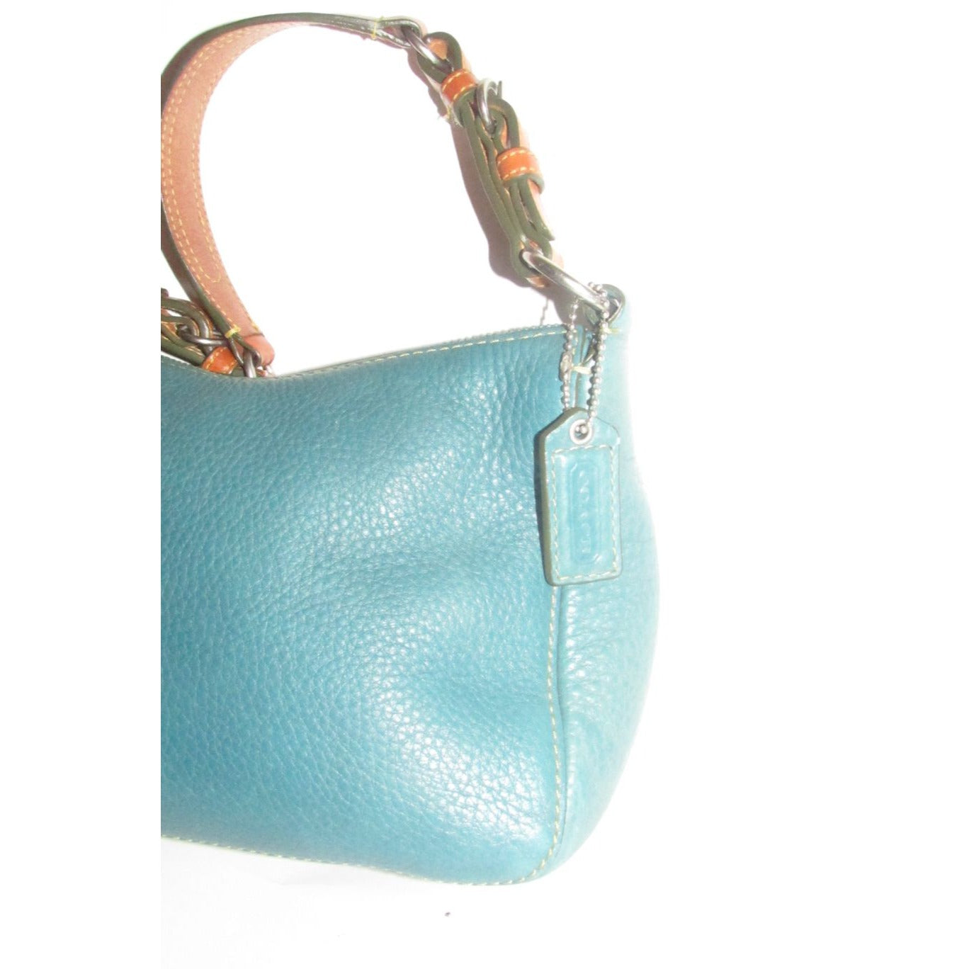 Coach, 'Chelsea' hobo, in a teal soft leather, hobo style purse with a brown, strap with unique chrome buckles