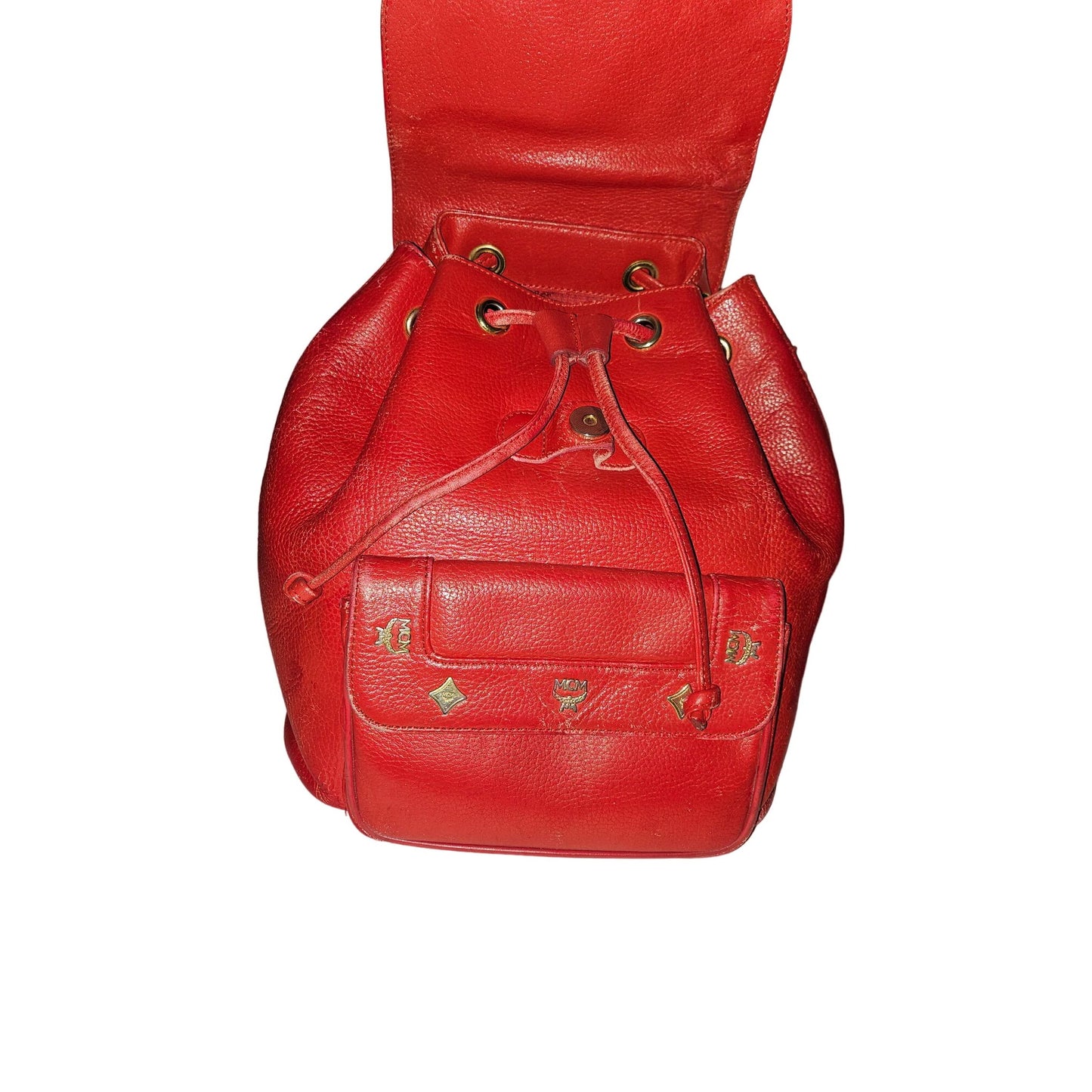 MCM vintage red leather backpack with gold hardware