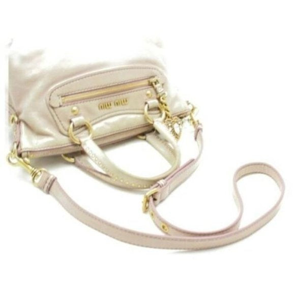 Miu Miu Vitello Lux Crystal Heart Pink Leather Two Way Satchel Cross Body Bag