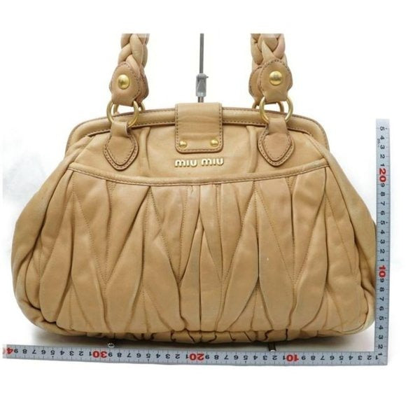 Miu Miu Tan Pleated Matelasse Leather Top Handle Satchel With Locking Clasp & Key