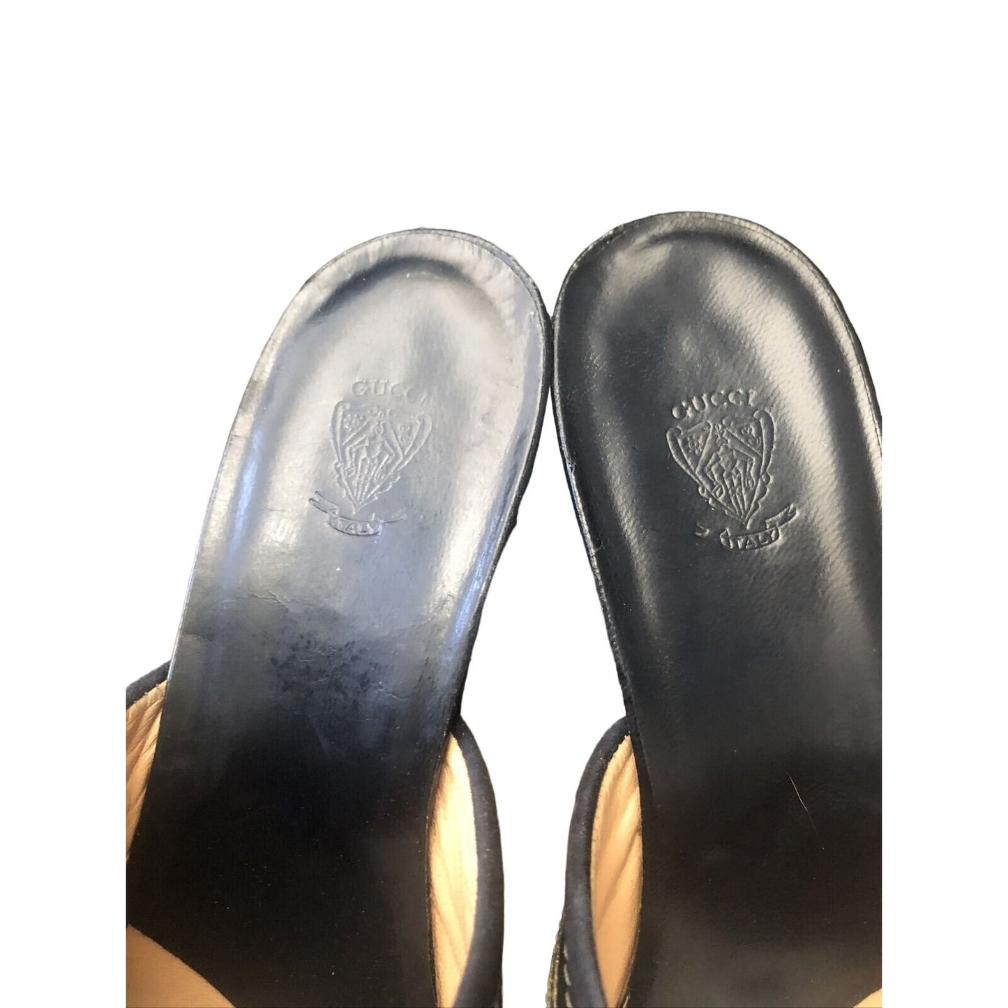 Gucci 1970s- 80s black silk over leather metallic shoes