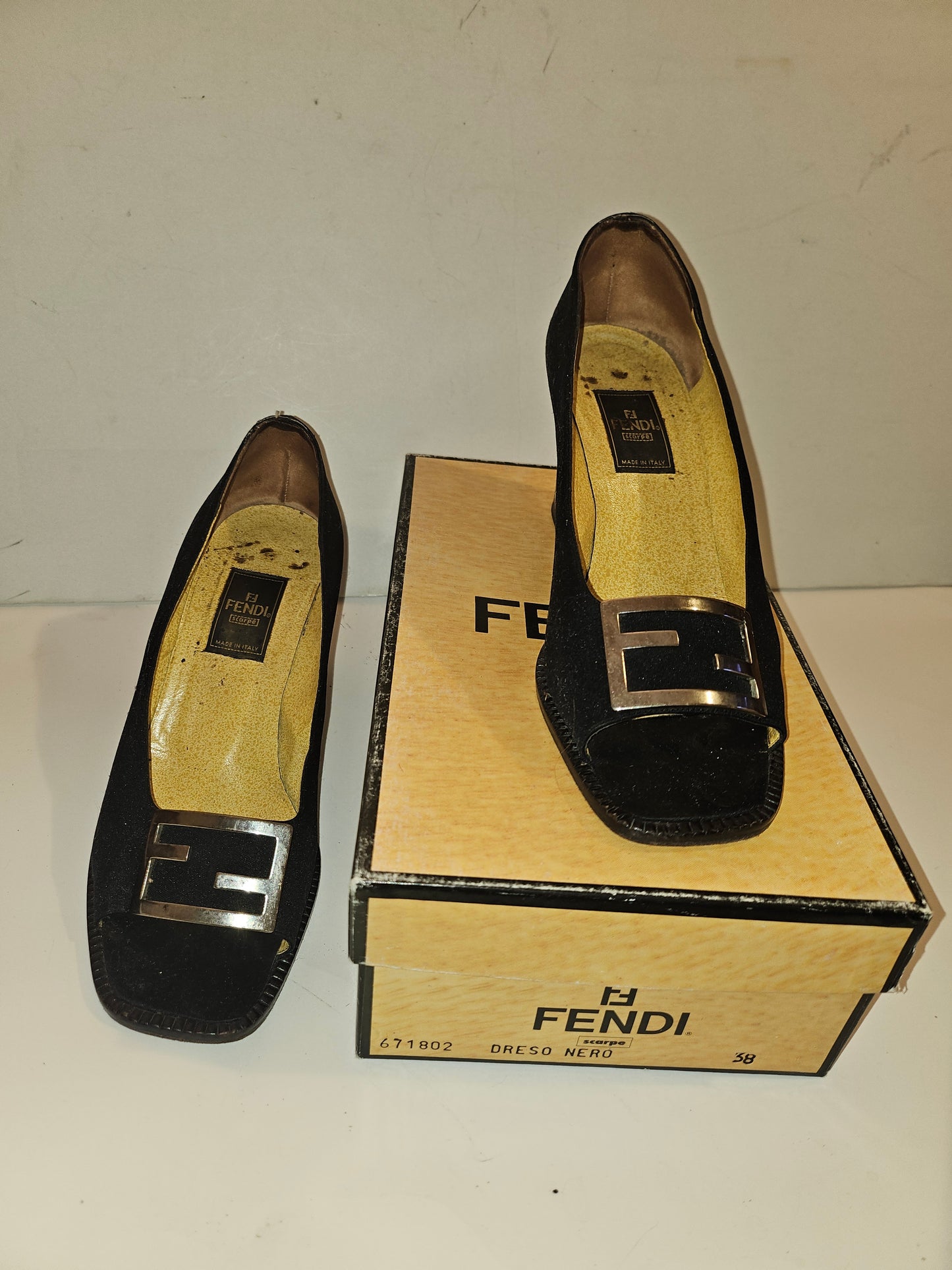 Fendi 'dress nero' black open toe heels w chrome FF accents!