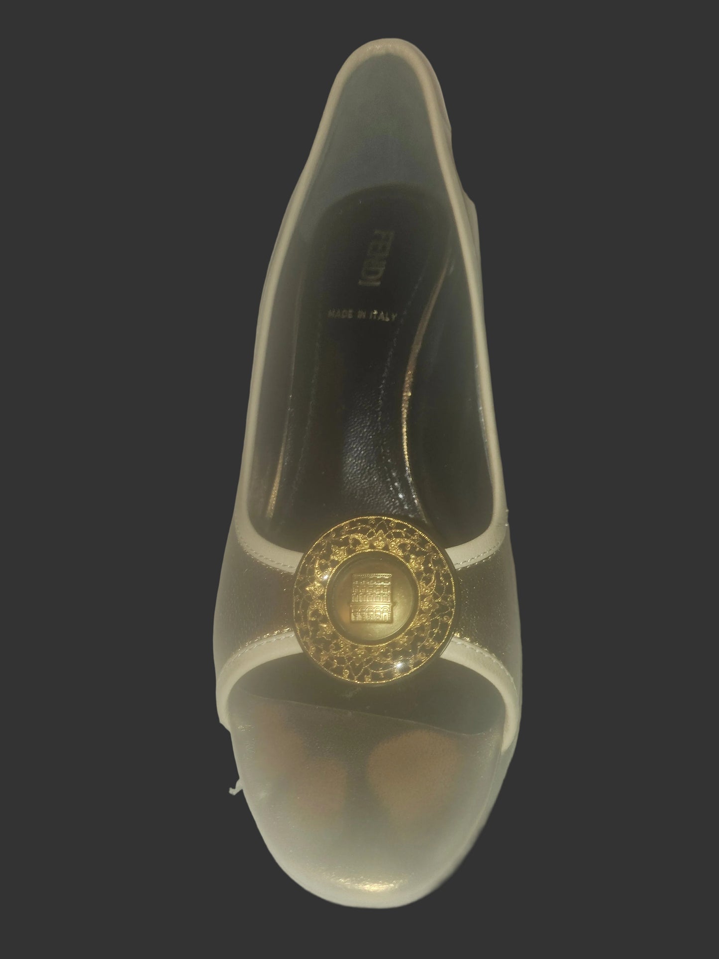 Fendi 37 glossy bronze leather heels with XL gold FF logo coins