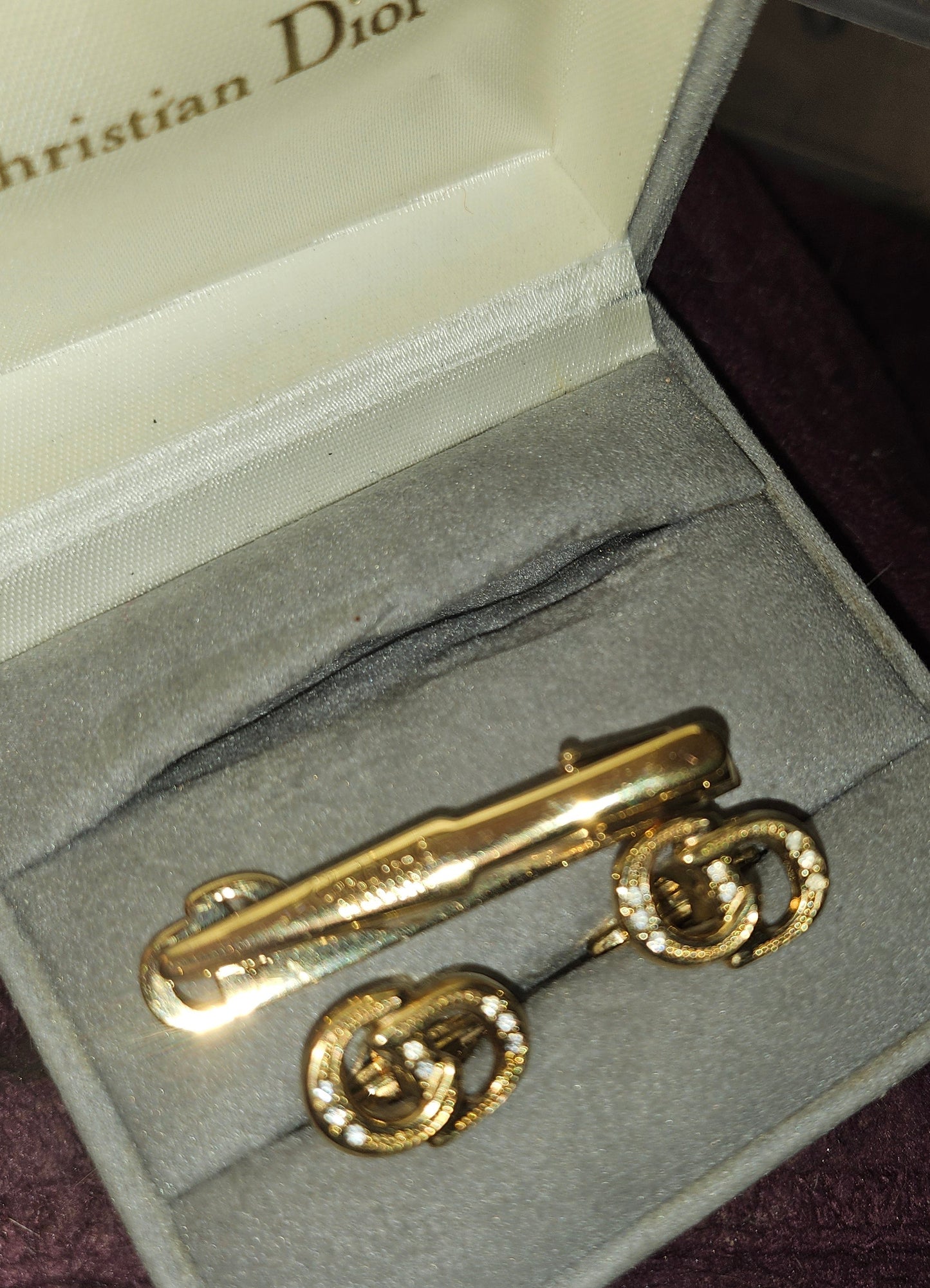 Christian Dior boxed set of gold & crystal cufflinks & tie clip- New old stock!