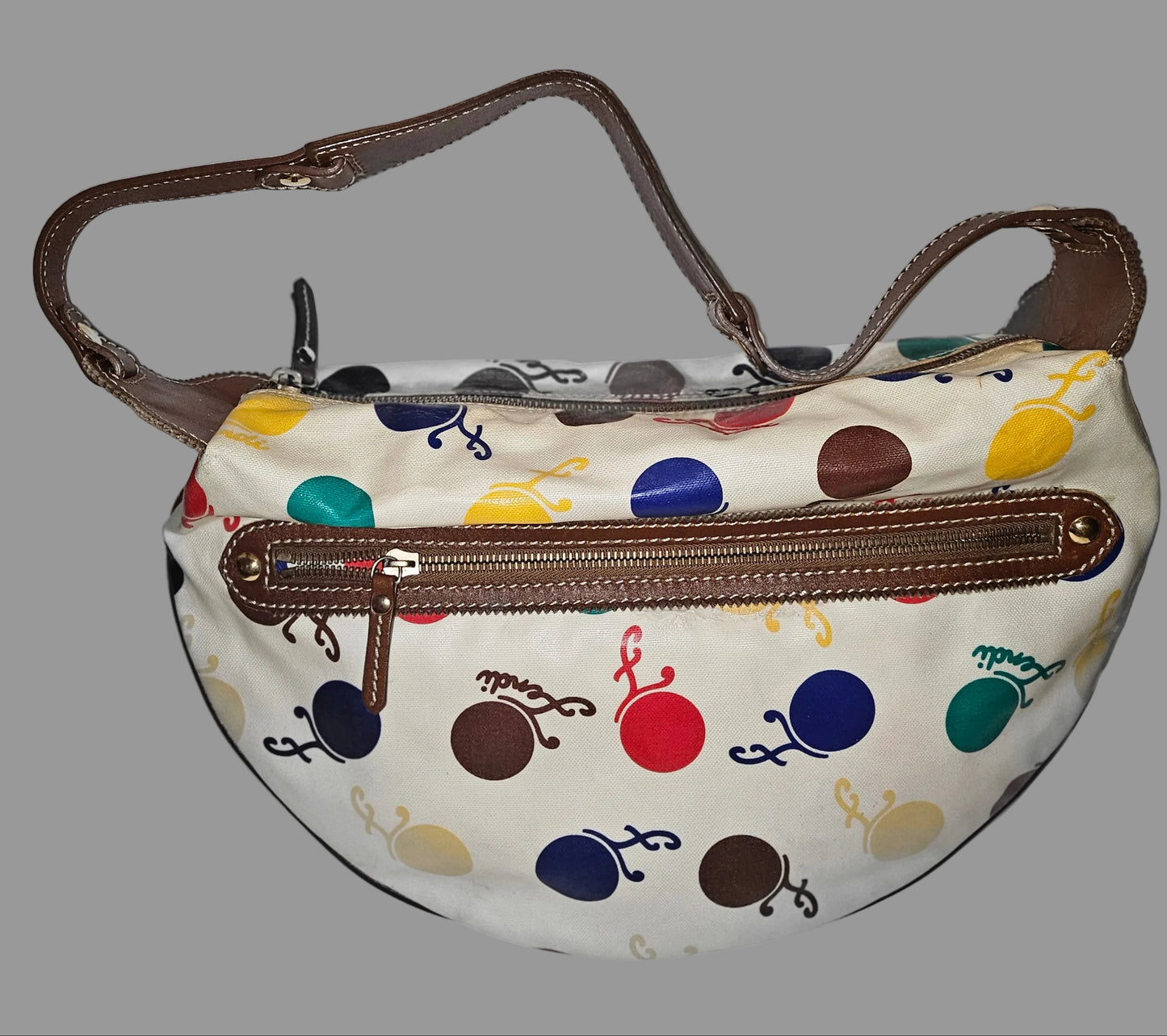 Fendi RARE multicolored print & brown leather Karligraphy hobo