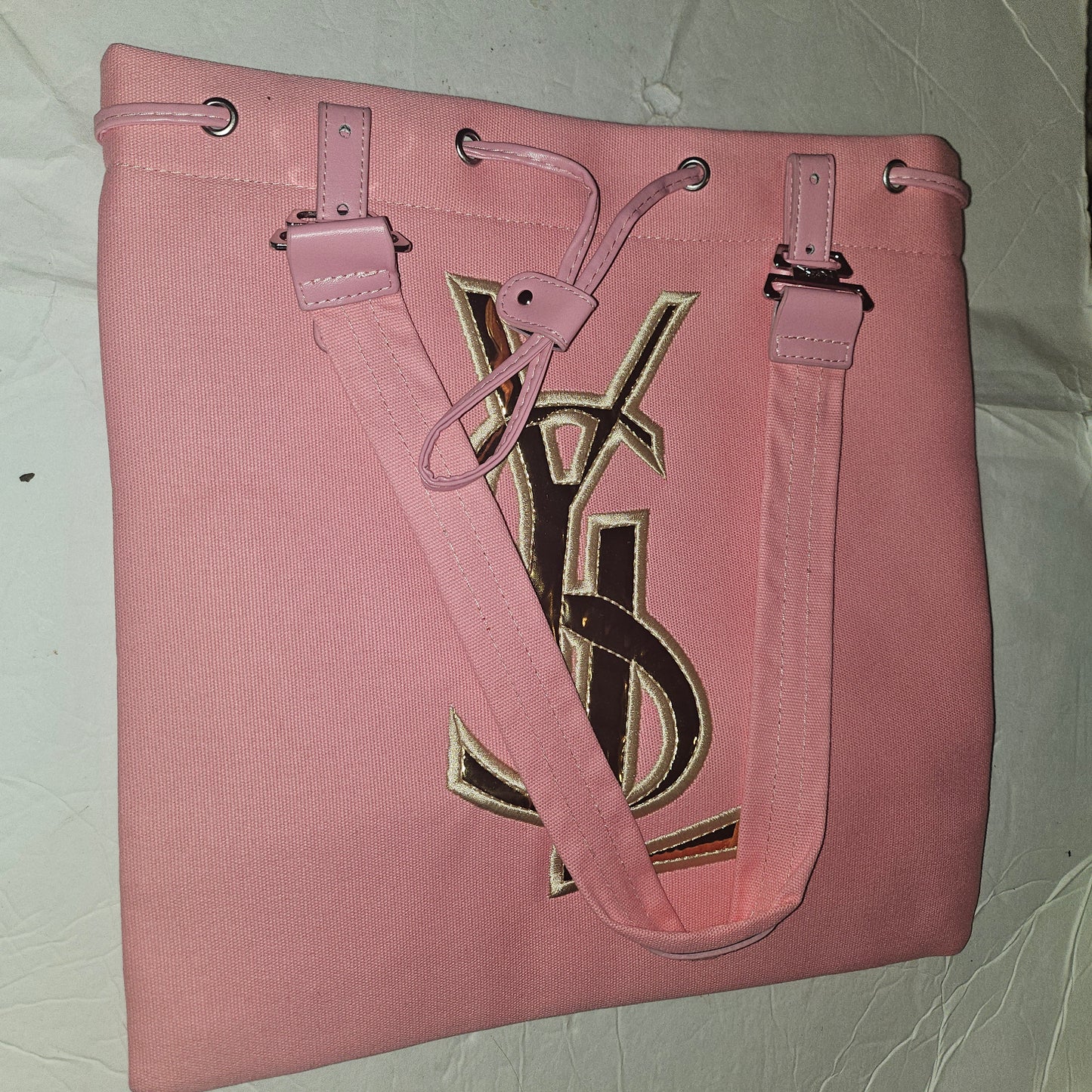 YSL NEW old stock, pink canvas & leather tote with chrome hardware & YSL logo in gold patent leather
