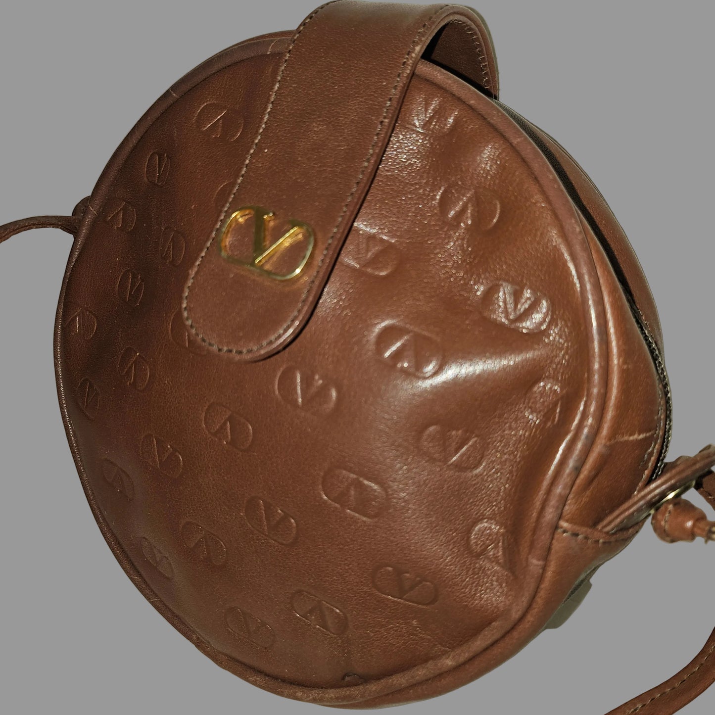 Valentino brown leather round canteen style bag w logo embossed