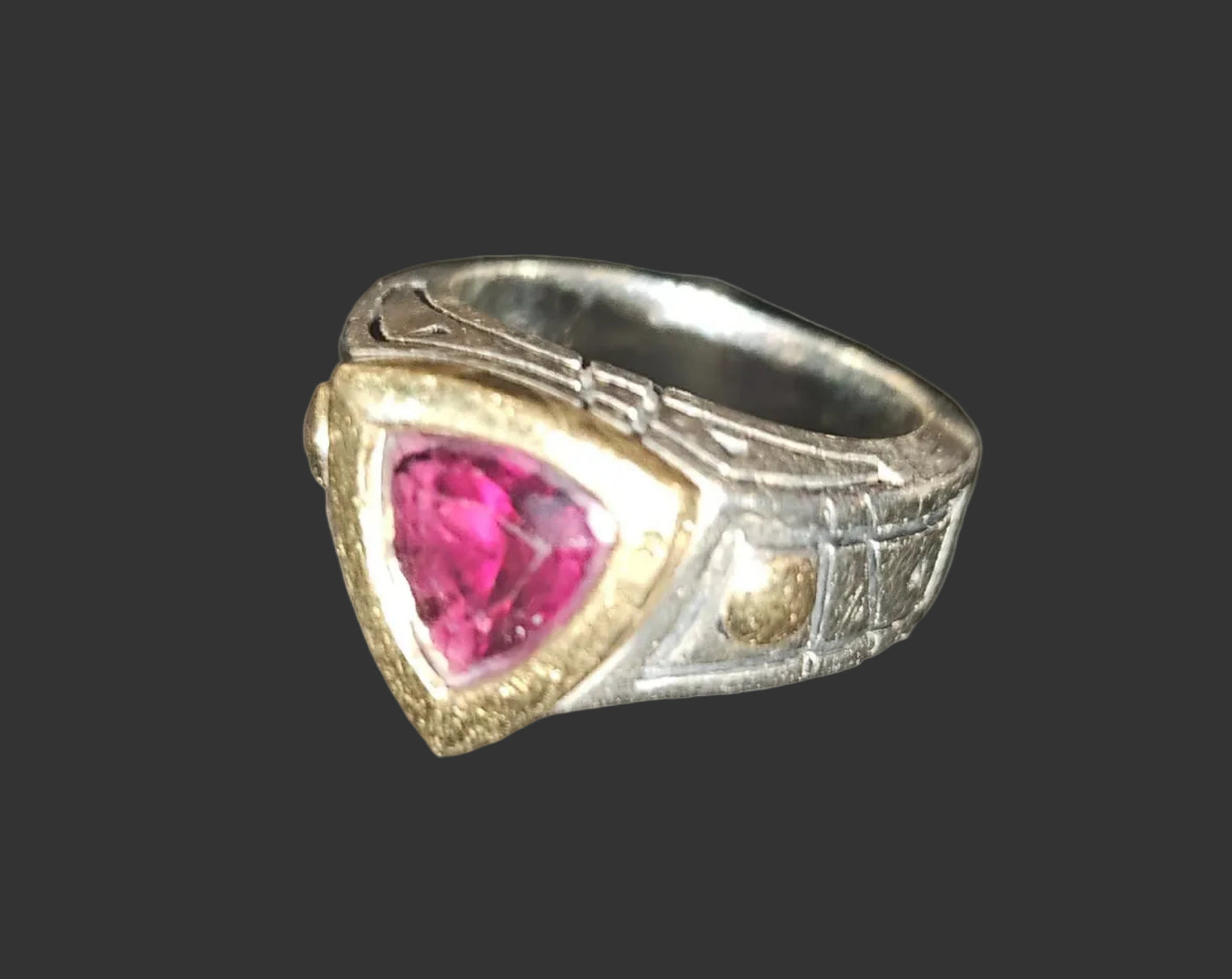 John Atencio 18K yellow gold & sterling ring with a trillion cut rhodolite garnet