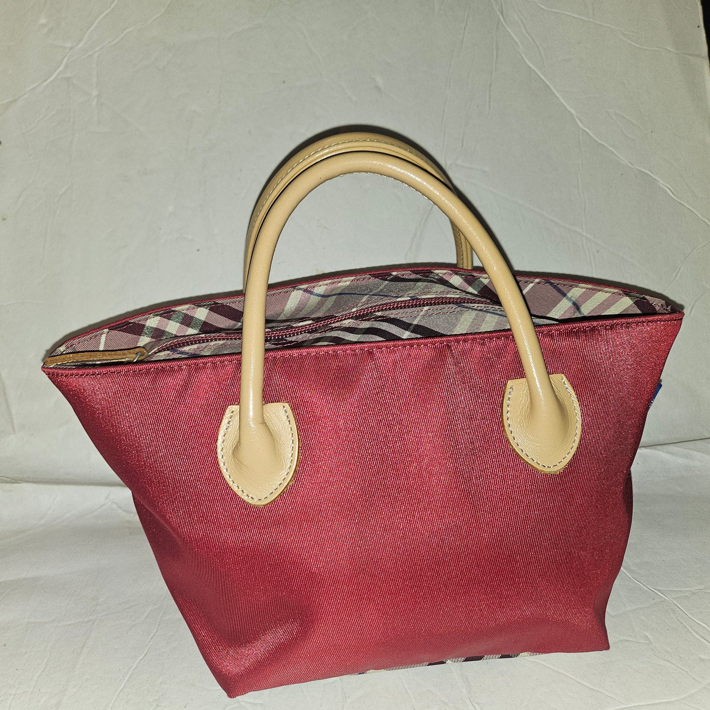 Burberry burgundy & Nova Check fabric zip top tote with tan leather handles