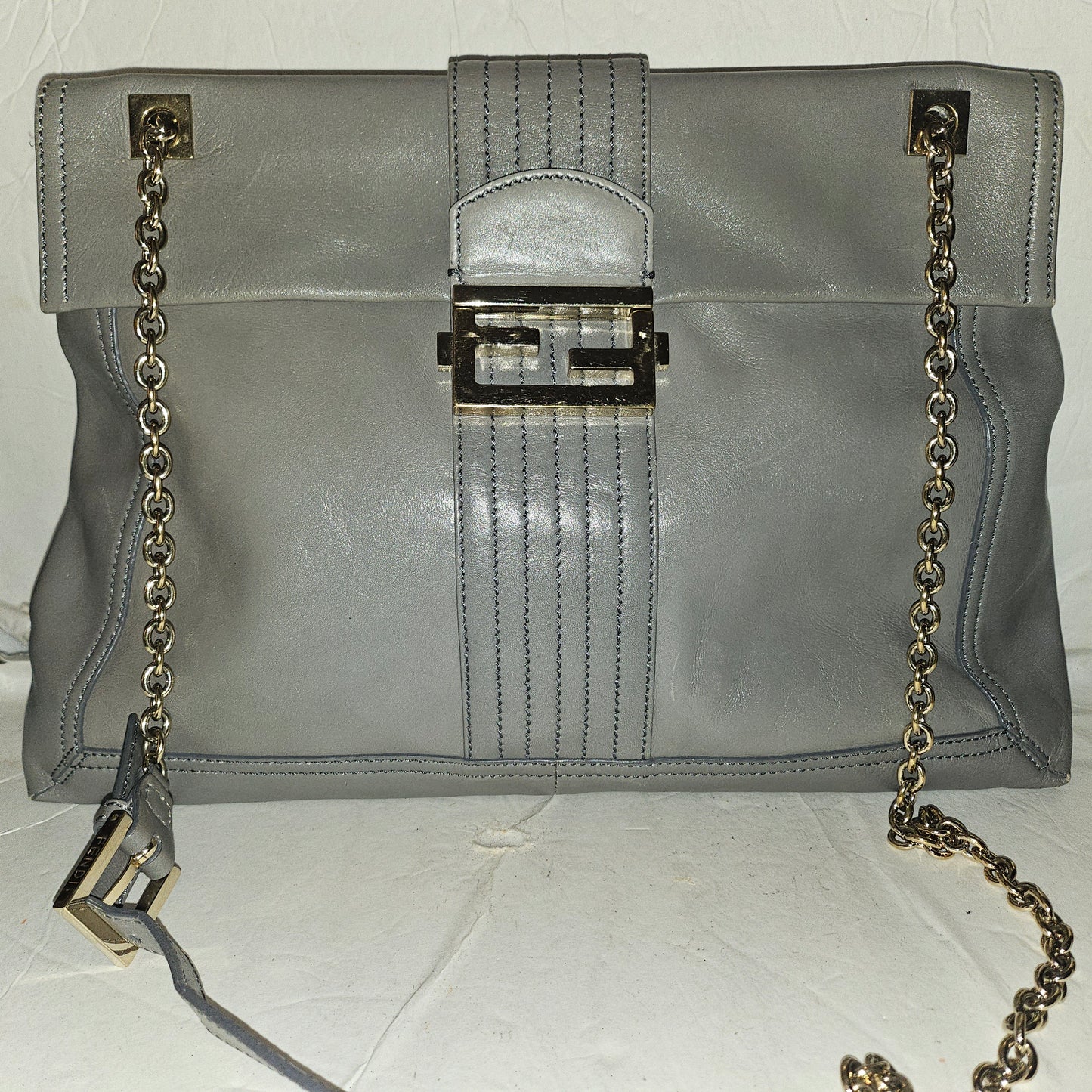 Fendi grey leather baguette bag with a chain strap