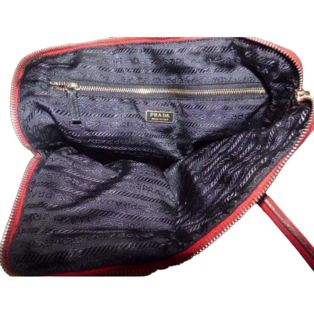 Prada nylon & red leather shoulder bag w chrome & lock/key