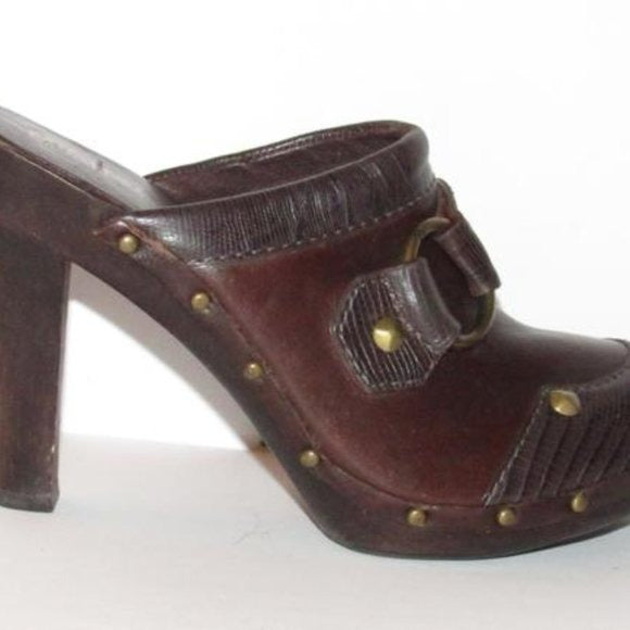 Michael Kors Brown Leather Gold Rivets Mule Slides