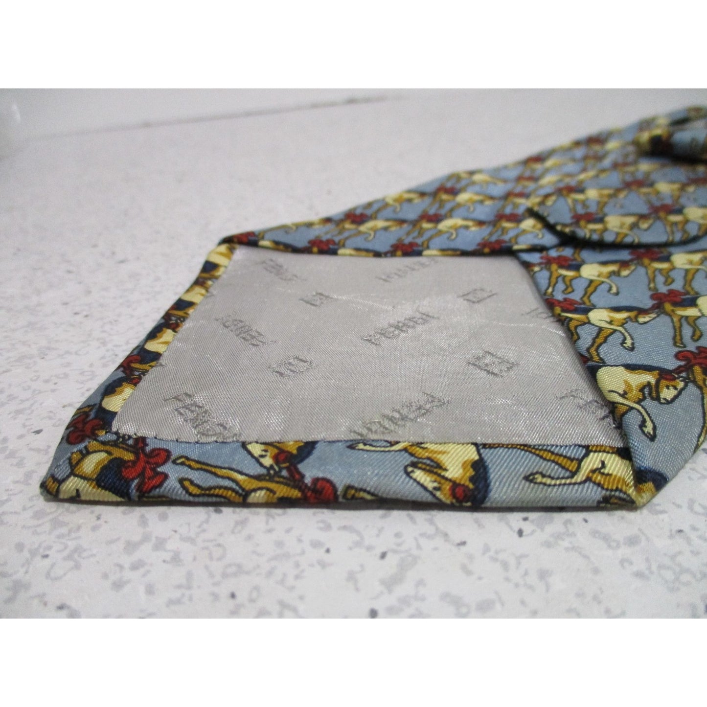 Vintage. Fendi, blue and red, equestrian horse motif silk tie