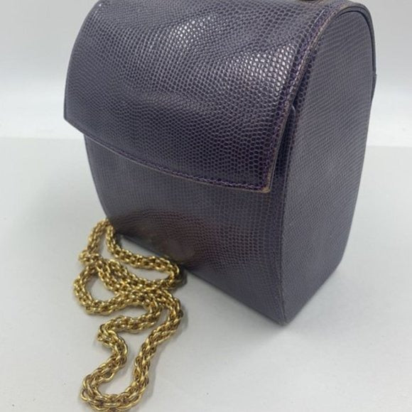 Henri Bendel Purple Reptile Boxy Purse w Gold Chain Strap