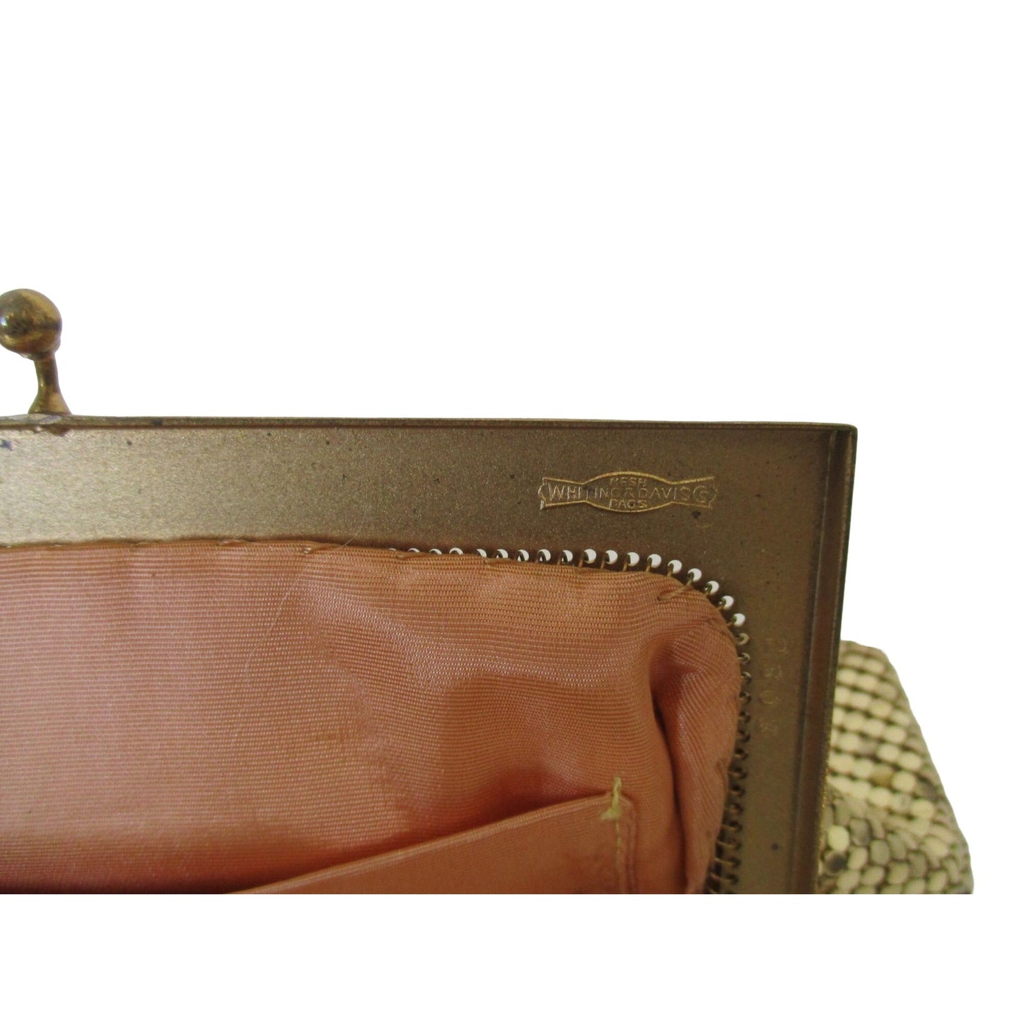 Mint Condition, Whiting and Davis, gold mirrored mesh, Art Deco, evening bag with a kiss closure & mother of pearl & rhinestone accents