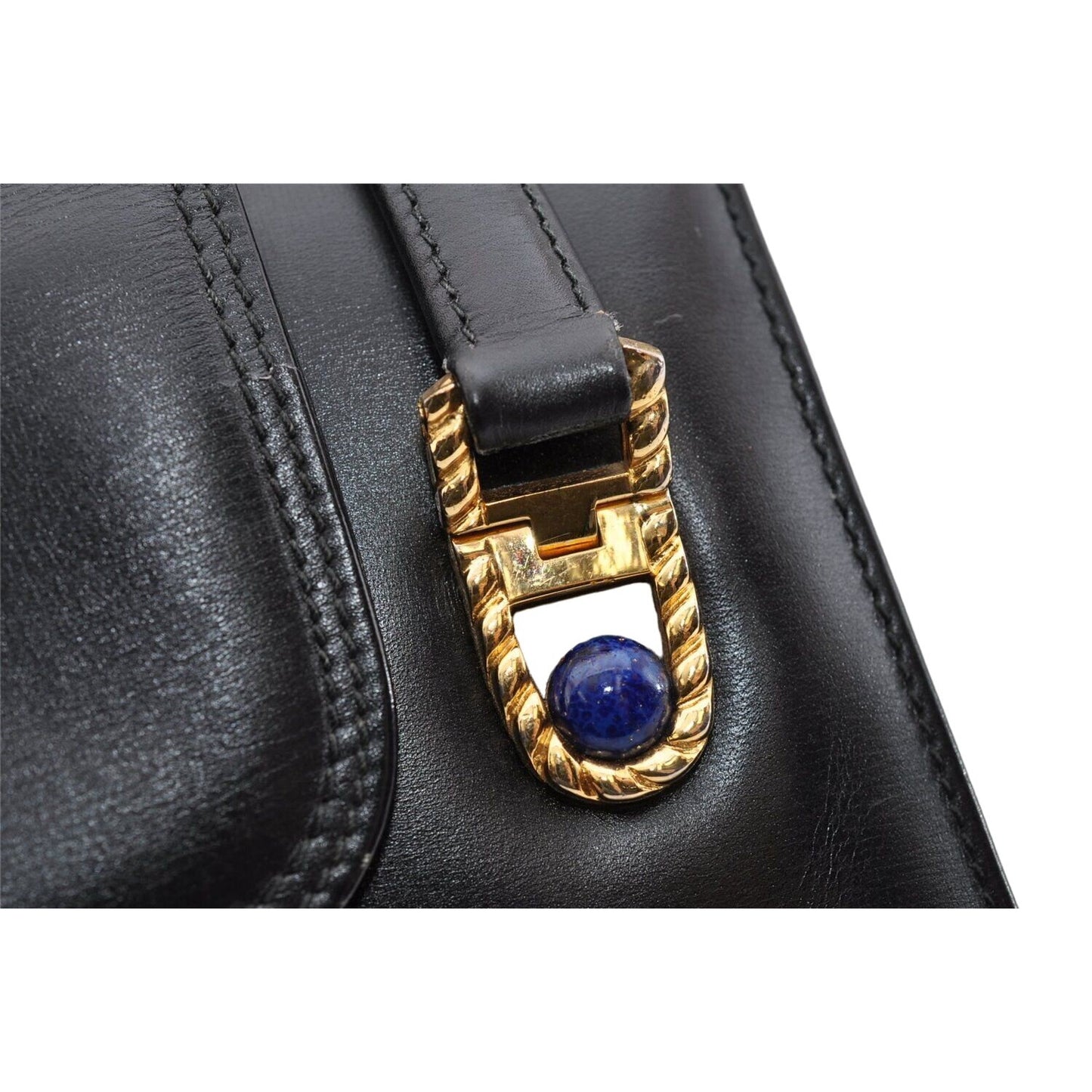Gucci black leather top handle Kelly bag with blue lapis