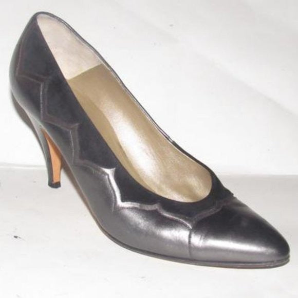 Bally Pewter Leather Black Suede Kitten Heels with Almond Toes